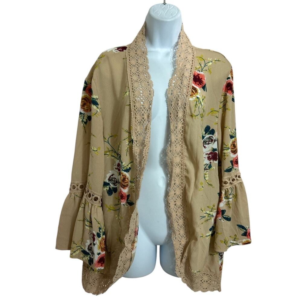 Boho Floral Open Top Size M Crochet Trim Bell Sleeves Tan Long Relaxed Fit